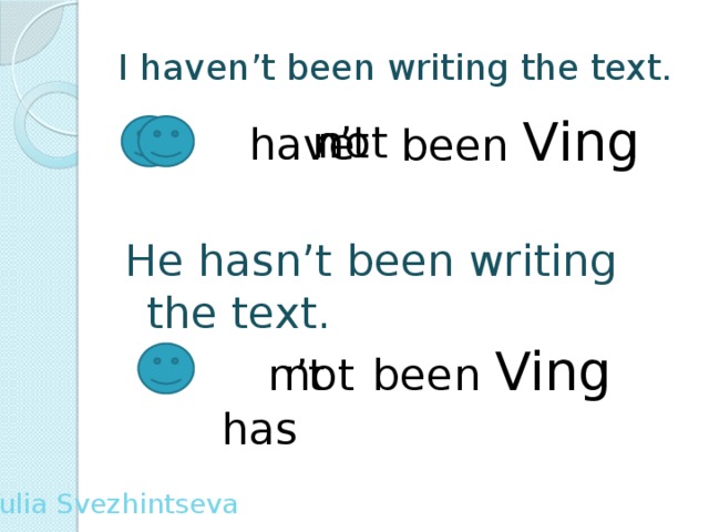 I haven’t been writing the text. been Ving not n’t  have He hasn’t been writing the text.  has been Ving not n’t Yulia Svezhintseva