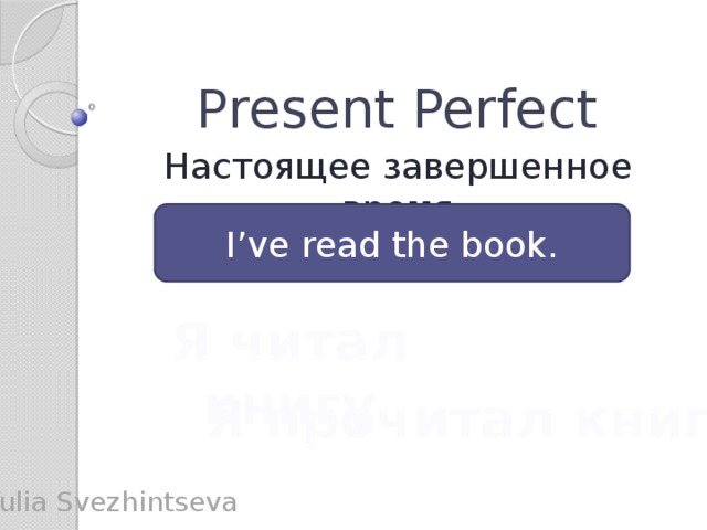 Present Perfect Настоящее завершенное время I’ve read the book. Я читал книгу Я прочитал книгу Yulia Svezhintseva