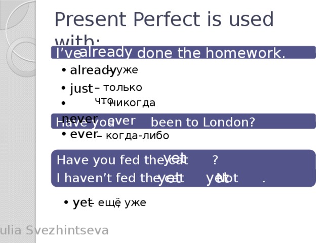Present Perfect is used with: already I’ve done the homework.  already – уже  just – только что  never - никогда ever Have you been to London?  еver – когда-либо yet Have you fed the cat ? I haven’t fed the cat . Not . yet yet  yet , уже – ещё Yulia Svezhintseva
