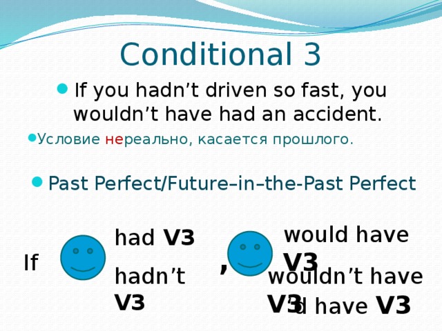 Conditional 3 If you hadn’t driven so fast, you wouldn’t have had an accident. Условие не реально, касается прошлого. Past Perfect/Future–in–the-Past Perfect would have V3 had V3 , If hadn’t V3 wouldn’t have V3 ‘ d have V3
