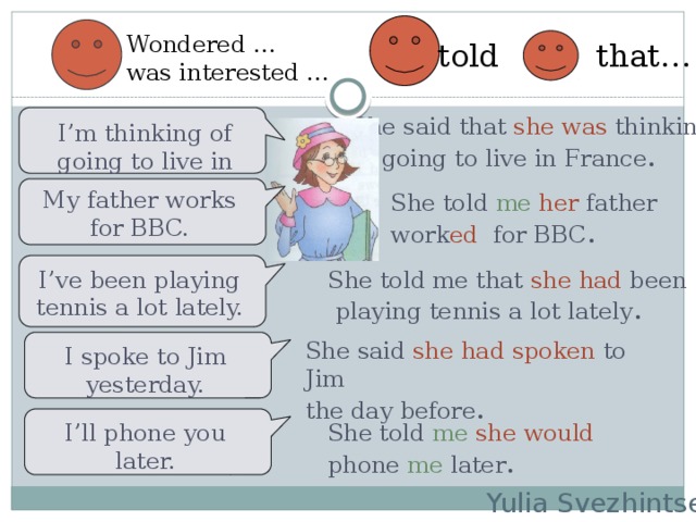 Wondered … was interested … told that… She said that she was thinking of going to live in France . I’m thinking of going to live in France. My father works for BBC. She told me  her father work ed for BBC . I’ve been playing tennis a lot lately. She told me that she had been  playing tennis a lot lately . She said she  had spoken to Jim the day before . I spoke to Jim yesterday. I’ll phone you later. She told me  she would phone me later . Yulia Svezhintseva