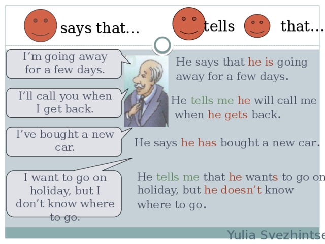 tells that… says that… I’m going away for a few days. He says that he is going away for a few days . I’ll call you when I get back. He tells me he  will call me  when he gets back . I’ve bought a new car. He says he has bought a new car . He tells me that  he  want s to go on holiday, but he doesn’t know where to go . I want to go on holiday, but I don’t know where to go. Yulia Svezhintseva