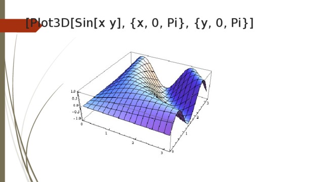 [Plot3D[Sin[x y], {x, 0, Pi}, {y, 0, Pi}]