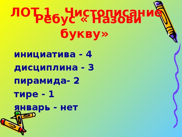 ЛОТ 1 Чистописание  Ребус « Назови букву» инициатива - 4 дисциплина - 3 пирамида- 2 тире - 1 январь - нет