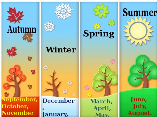 Winter June,  July,  August. September, October, November December, January, February. March,  April,  May.