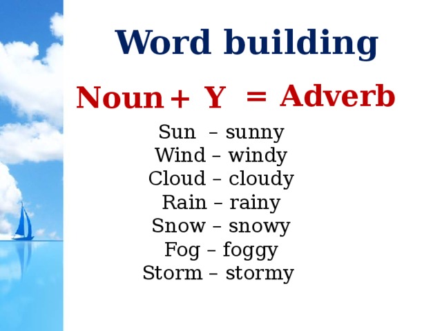 Word building Adverb = Y Noun + Sun – sunny Wind – windy Cloud – cloudy Rain – rainy Snow – snowy Fog – foggy Storm – stormy