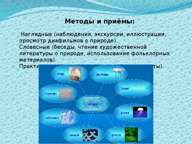 Методы и приёмы:  Наглядные (наблюдения, экскурсии, иллюстрации, просмотр диафильмов о природе). Словесные (беседы, чтение художественной литературы о природе, использование фольклорных материалов). Практические (игры - эксперименты, игры-опыты).