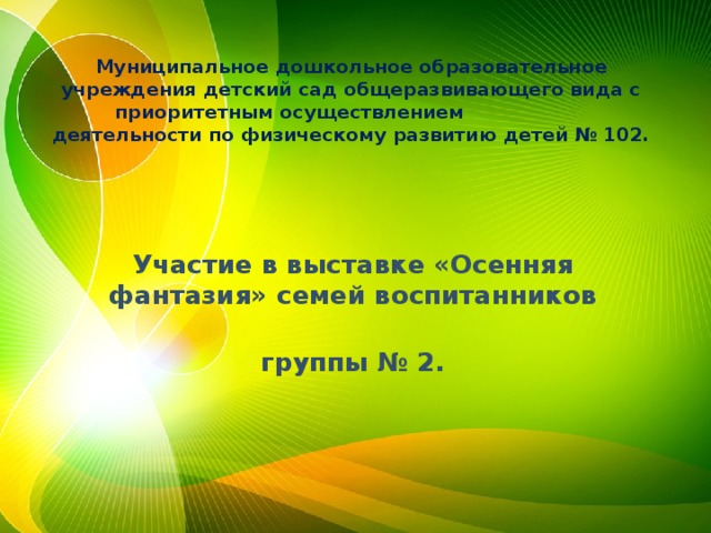 Муниципальное дошкольное образовательное учреждения детский сад общеразвивающего вида с приоритетным осуществлением деятельности по физическому развитию детей № 102. Участие в выставке «Осенняя фантазия» семей воспитанников группы № 2.