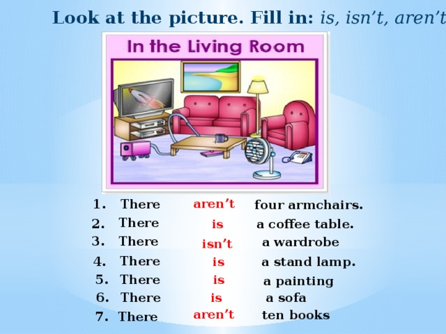 Look at the picture. Fill in: is, isn’t, aren’t. aren’t 1. There four armchairs. There 2. is a coffee table. 3. There a wardrobe isn’t There is 4. a stand lamp. is 5. There a painting 6. There a sofa is aren’t ten books 7. There