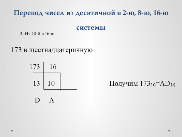 Перевод чисел из десятичной в 2-ю, 8-ю, 16-ю системы 3. Из 10-й в 16-ю