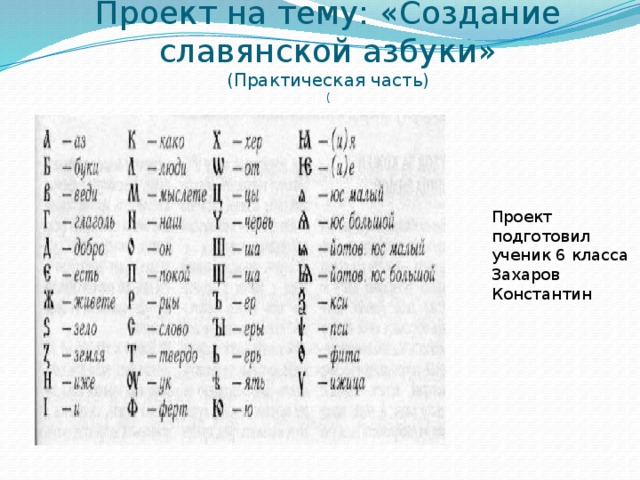 Проект на тему: «Создание славянской азбуки»  (Практическая часть)  ( Проект подготовил ученик 6 класса Захаров Константин