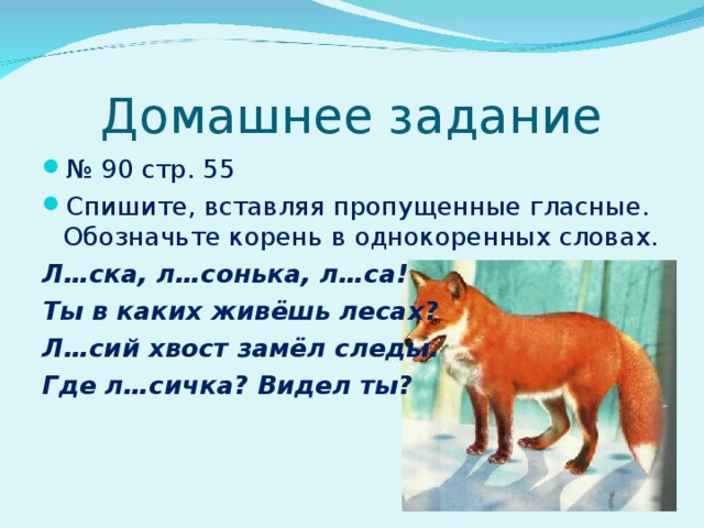 Домашнее задание № 90 стр. 55 Спишите, вставляя пропущенные гласные. Обозначьте корень в однокоренных словах. Л…ска, л…сонька, л…са! Ты в каких живёшь лесах? Л…сий хвост замёл следы. Где л…сичка? Видел ты?