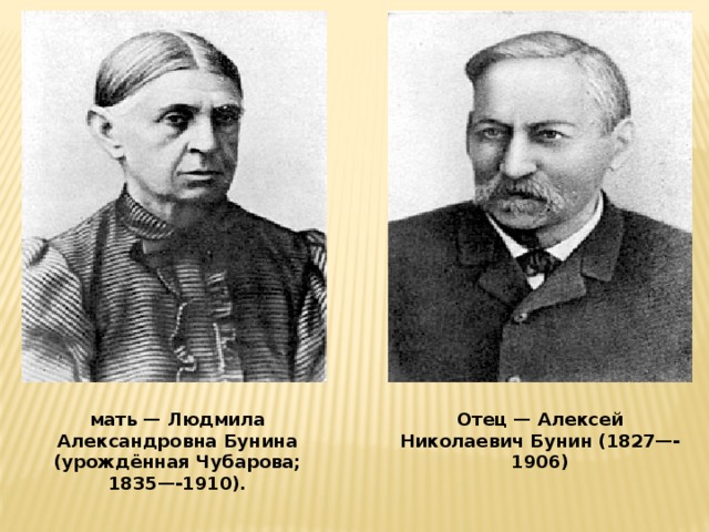 Отец — Алексей Николаевич Бунин (1827—-1906) мать — Людмила Александровна Бунина (урождённая Чубарова; 1835—-1910).