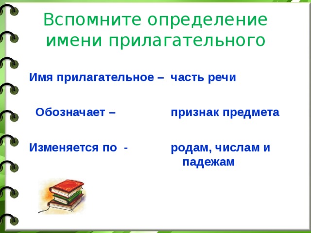 Вспомните определение  имени прилагательного Имя прилагательное –  часть речи    Обозначает –  Изменяется по - признак предмета  родам, числам и падежам