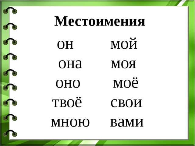 Местоимения он мой она моя оно моё твоё свои мною вами