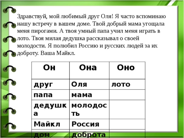 Здравствуй, мой любимый друг Оля! Я часто вспоминаю нашу встречу в вашем доме. Твой добрый мама угощала меня пирогами. А твоя умный папа учил меня играть в лото. Твоя милая дедушка рассказывал о своей молодости. Я полюбил Россию и русских людей за их доброту. Ваша Майкл. Он  Она  Оно    друг папа Оля дедушка лото мама Майкл молодость дом Россия доброта