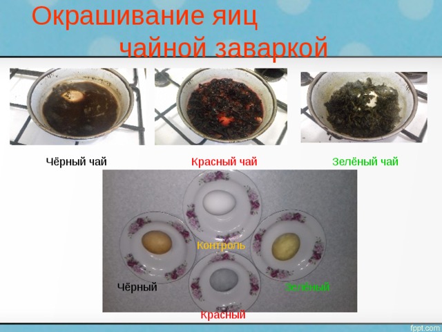 Окрашивание яиц чайной заваркой Чёрный чай Красный чай Зелёный чай Контроль Чёрный Зелёный Красный