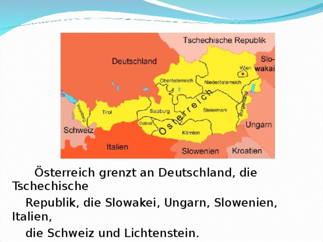 Österreich grenzt an Deutschland, die Tschechische   Republik, die Slowakei, Ungarn, Slowenien, Italien,   die Schweiz und Lichtenstein.