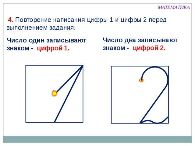 МАТЕМАТИКА  4. Повторение написания цифры 1 и цифры 2 перед выполнением задания. Число два записывают знаком - цифрой 2. Число один записывают знаком - цифрой 1.