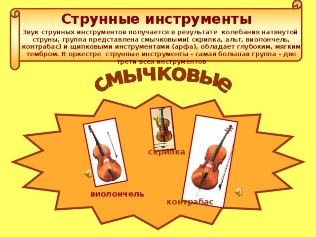 Струнные инструменты Звук струнных инструментов получается в результате колебания натянутой струны, группа представлена смычковыми( скрипка, альт, виолончель, контрабас) и щипковыми инструментами (арфа), обладает глубоким, мягким тембром. В оркестре струнные инструменты - самая большая группа - две трети всех инструментов скрипка По щелчку звучит инструмент, изображенный на схеме виолончель контрабас