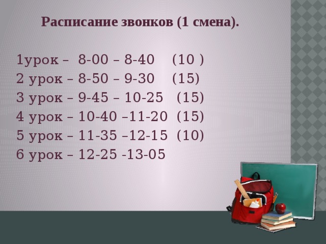 Расписание звонков (1 смена).  1урок – 8-00 – 8-40 (10 ) 2 урок – 8-50 – 9-30 (15) 3 урок – 9-45 – 10-25 (15) 4 урок – 10-40 –11-20 (15) 5 урок – 11-35 –12-15 (10) 6 урок – 12-25 -13-05