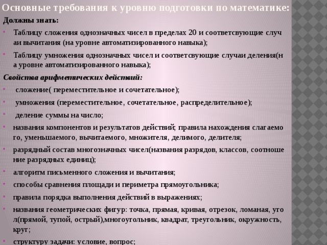 Основные требования к уровню подготовки по математике:   Должны знать: Таблицу сложения однозначных чисел в пределах 20 и соответсвующие случаи вычитания (на уровне автоматизированного навыка); Таблицу умножения однозначных чисел и соответсвующие случаи деления(на уровне автоматизированного навыка); Свойства арифметических действий: сложение( переместительное и сочетательное); умножения (переместительное, сочетательное, распределительное); деление суммы на число; названия компонентов и результатов действий; правила нахождения слагаемого, уменьшаемого, вычитаемого, множителя, делимого, делителя; разрядный состав многозначных чисел(названия разрядов, классов, соотношение разрядных единиц); алгоритм письменного сложения и вычитания; способы сравнения площади и периметра прямоугольника; правила порядка выполнения действий в выражениях; названия геометрических фигур: точка, прямая, кривая, отрезок, ломаная, угол(прямой, тупой, острый),многоугольник, квадрат, треугольник, окружность, круг; структуру задачи: условие, вопрос;