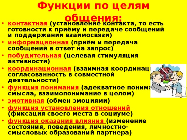 Функции по целям общения:   контактная  (установление контакта, то есть готовности к приёму и передаче сообщений и поддержании взаимосвязи) информационная  (приём и передача сообщений в ответ на запрос) побудительная (целевая стимуляция активности) координационная  (взаимная координация и согласованность в совместной деятельности) функция понимания (адекватное понимание смысла, взаимопонимание в целом) эмотивная (обмен эмоциями) функция установления отношений (фиксация своего места в социуме) функция оказания влияния (изменение состояния, поведения, личностно-смысловых образований партнера)