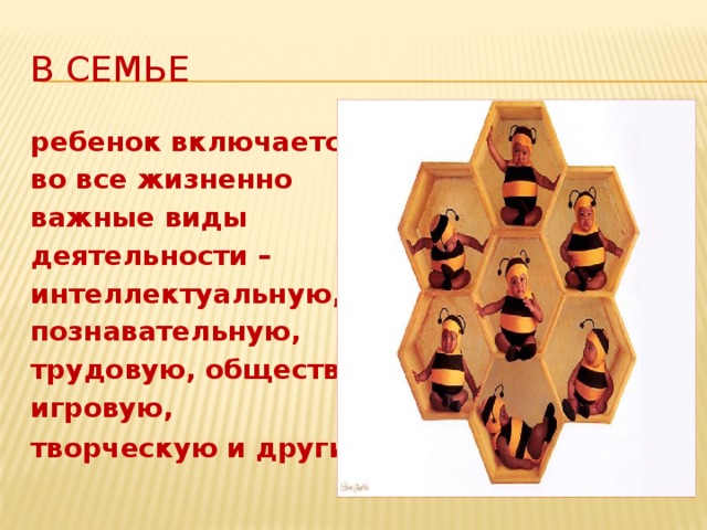 В семье ребенок включается во все жизненно важные виды деятельности – интеллектуальную, познавательную, трудовую, общественную, игровую,   творческую и другие .