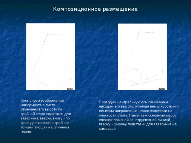 Композиционное размещение Проводим центральную ось самовара и находим его высоту, отмечая внизу короткими линиями направление ножек подставки на плоскости стола. Намечаем основную массу плюшек ломаной конструктивной линией, вверху - ширину подставки для заварника на самоваре. Компонуем изображение натюрморта в листе: отмечаем его высоту по крайней точке подставки для заварника вверху, внизу - по краю драпировки и крайним точкам плюшек на ближнем плане.