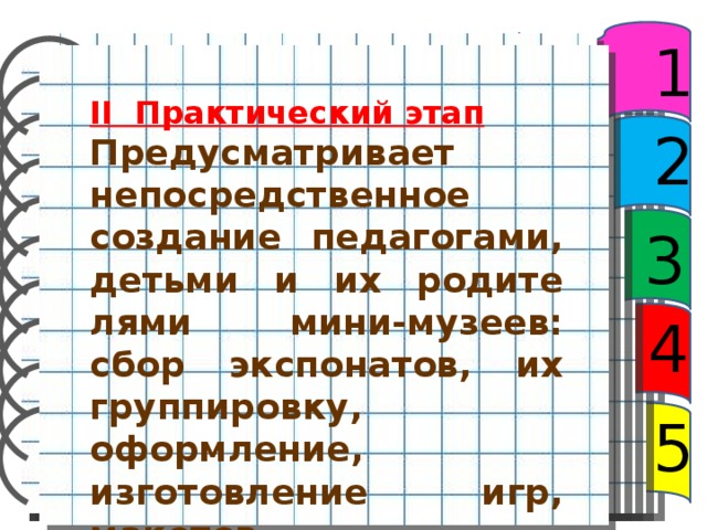 1 II Практический этап  Предусматривает непосред­ственное создание педагогами, детьми и их родите­лями мини-музеев: сбор экспонатов, их группировку, оформление, изготовление игр, макетов . 2 3 4 5