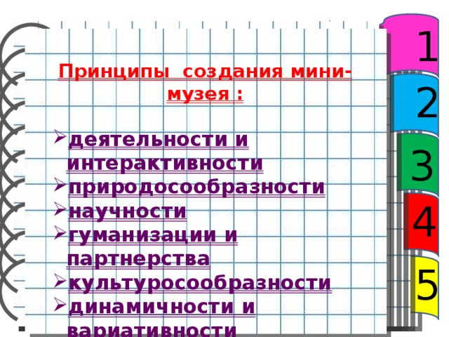 1 Принципы создания мини-музея :  деятельности и интерактивности  природосообразности  научности гуманизации и партнерства  культуросообразности  динамичности и вариативности  разнообразия  регионального компонента  2 3 4 5