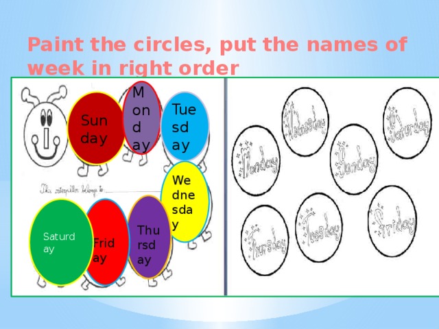 Paint the circles, put the names of week in right order Monday Sunday Tuesday Wednesday  Thursday  Friday Saturday