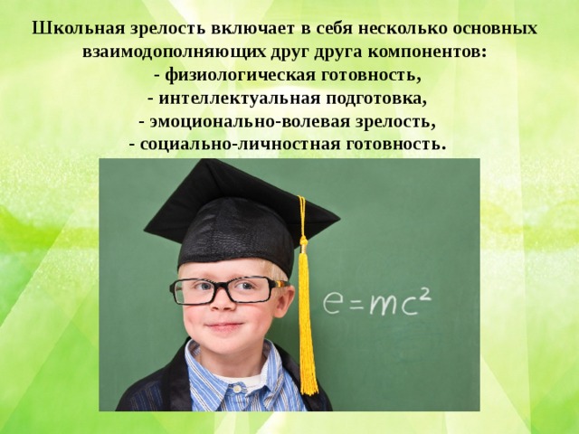 Школьная зрелость включает в себя несколько основных взаимодополняющих друг друга компонентов:  - физиологическая готовность,  - интеллектуальная подготовка,  - эмоционально-волевая зрелость,  - социально-личностная готовность.