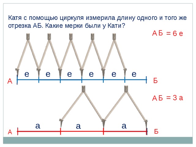 Катя с помощью циркуля измерила длину одного и того же отрезка АБ. Какие мерки были у Кати? Б А = 6 е е е е е е е Б А = 3 а Б А а а а Б А 10