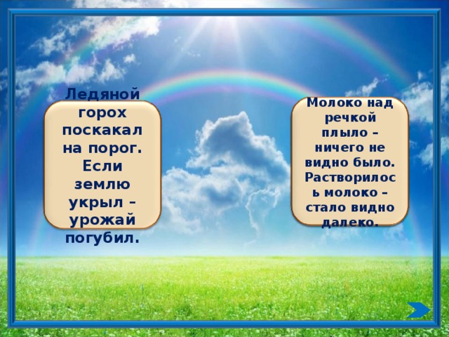 Молоко над речкой плыло – ничего не видно было. Растворилось молоко – стало видно далеко. Ледяной горох поскакал на порог. Если землю укрыл – урожай погубил.