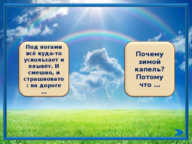 Под ногами всё куда-то ускользает и плывёт. И смешно, и страшновато: на дороге … Почему зимой капель? Потому что …