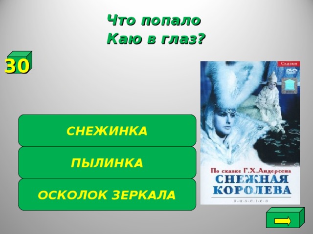 Что попало Каю в глаз? 30 СНЕЖИНКА ПЫЛИНКА ОСКОЛОК ЗЕРКАЛА