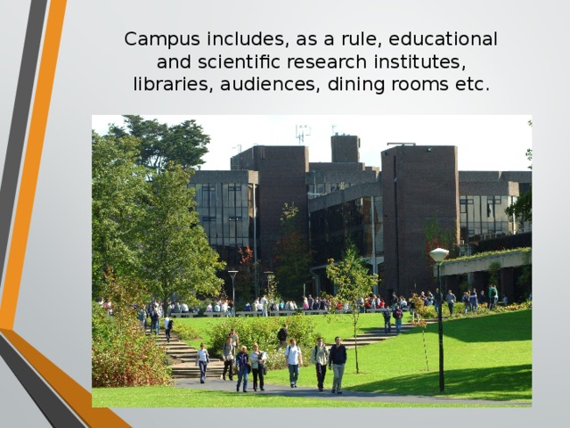 Campus includes, as a rule, educational and scientific research institutes, libraries, audiences, dining rooms etc.