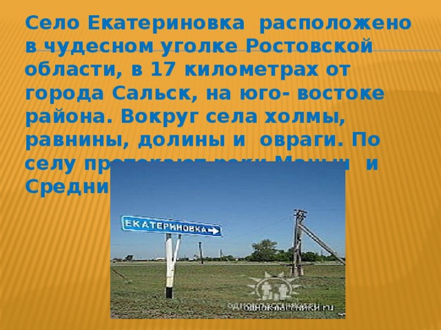 Село Екатериновка расположено в чудесном уголке Ростовской области, в 17 километрах от города Сальск, на юго- востоке района. Вокруг села холмы, равнины, долины и овраги. По селу протекают реки Маныч и Средний Егорлык.