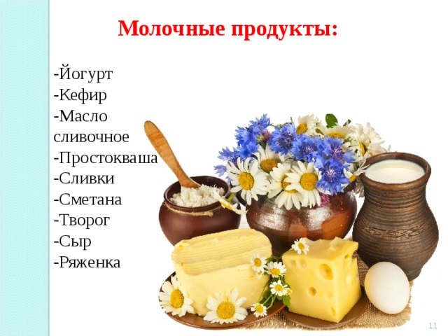 Молочные продукты: -Йогурт -Кефир -Масло сливочное -Простокваша -Сливки -Сметана -Творог -Сыр -Ряженка