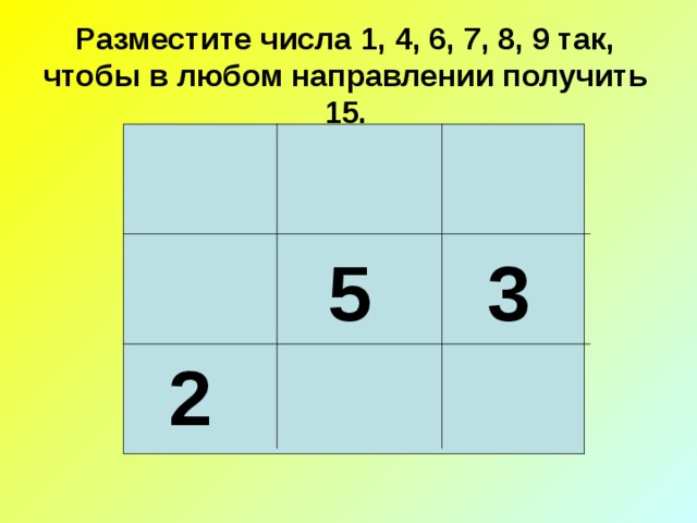 Разместите числа 1, 4, 6, 7, 8, 9 так, чтобы в любом направлении получить 15. 5 3 2