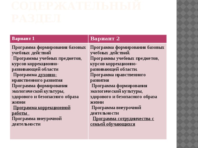 Содержательный раздел Вариант 1 Вариант 2 Программа формирования базовых учебных действий  Программы учебных предметов, курсов коррекционно-развивающей области Программа формирования базовых учебных действий. Программы учебных предметов, курсов коррекционно-развивающей области.  Программа духовно- нравственного развития Программа формирования экологической культуры, здорового и безопасного образа жизни Программа нравственного развития  Программа формирования экологической культуры, здорового и безопасного образа жизни  Программа коррекционной работы Программа внеурочной деятельности  Программа внеурочной деятельности  Программа сотрудничества с семьей обучающихся