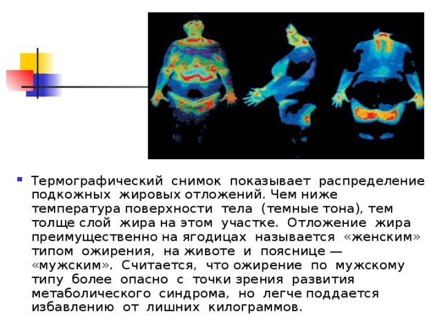 Термографический снимок показывает распределение подкожных жировых отложений. Чем ниже температура поверхности тела (темные тона), тем толще слой жира на этом участке. Отложение жира преимущественно на ягодицах называется «женским» типом ожирения, на животе и пояснице — «мужским». Считается, что ожирение по мужскому типу более опасно с точки зрения развития метаболического синдрома, но легче поддается избавлению от лишних килограммов.