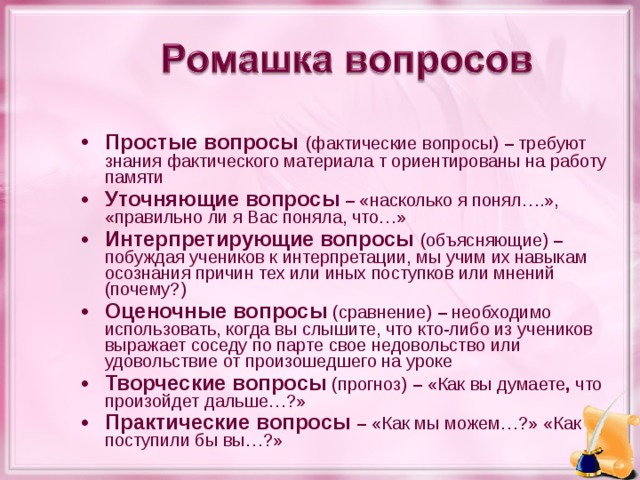 Простые вопросы  (фактические вопросы) – требуют знания фактического материала т ориентированы на работу памяти Уточняющие вопросы  – «насколько я понял….», «правильно ли я Вас поняла, что…» Интерпретирующие  вопросы (объясняющие) –  побуждая учеников к интерпретации, мы учим их навыкам осознания причин тех или иных поступков или мнений (почему?) Оценочные вопросы  (сравнение) – необходимо использовать, когда вы слышите, что кто-либо из учеников выражает соседу по парте свое недовольство или удовольствие от произошедшего на уроке Творческие вопросы  (прогноз) – «Как вы думаете , что произойдет дальше…?» Практические вопросы – «Как мы можем…?» «Как поступили бы вы…?»