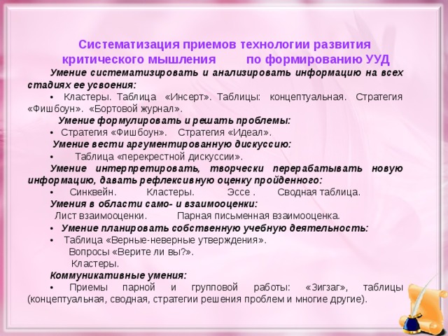 Систематизация приемов технологии развития критического мышления по формированию УУД Умение систематизировать и анализировать информацию на всех стадиях ее усвоения: •     Кластеры.  Таблица «Инсерт».  Таблицы: концептуальная. Стратегия «Фишбоун».  «Бортовой журнал».     Умение формулировать и решать проблемы: •    Стратегия «Фишбоун». Стратегия «Идеал».                                         Умение вести аргументированную дискуссию: •         Таблица «перекрестной дискуссии». Умение интерпретировать, творчески перерабатывать новую информацию, давать рефлексивную оценку пройденного: •       Синквейн.  Кластеры.  Эссе . Сводная таблица. Умения в области само- и взаимооценки:        Лист взаимооценки.  Парная письменная взаимооценка. •    Умение планировать собственную учебную деятельность: •     Таблица «Верные-неверные утверждения».  Вопросы «Верите ли вы?».   Кластеры. Коммуникативные умения: •       Приемы парной и групповой работы: «Зигзаг», таблицы (концептуальная, сводная, стратегии решения проблем и многие другие).