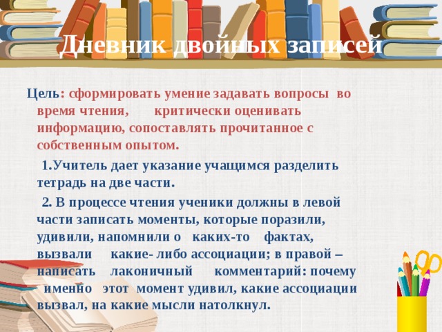 Дневник двойных записей  Цель : сформировать умение задавать вопросы во время чтения, критически оценивать информацию, сопоставлять прочитанное с собственным опытом.  1.Учитель дает указание учащимся разделить тетрадь на две части.  2. В процессе чтения ученики должны в левой части записать моменты, которые поразили, удивили, напомнили о каких-то фактах, вызвали какие- либо ассоциации; в правой – написать лаконичный комментарий: почему именно этот момент удивил, какие ассоциации вызвал, на какие мысли натолкнул.  