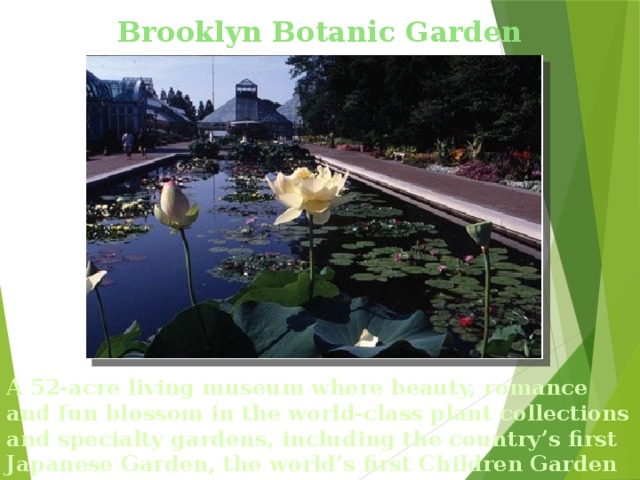 Brooklyn Botanic Garden A 52-acre living museum where beauty, romance and fun blossom in the world-class plant collections and specialty gardens, including the country’s first Japanese Garden, the world’s first Children Garden and more.