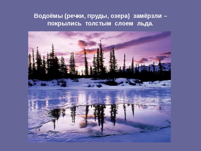 Водоёмы (речки, пруды, озера) замёрзли –  покрылись толстым слоем льда.