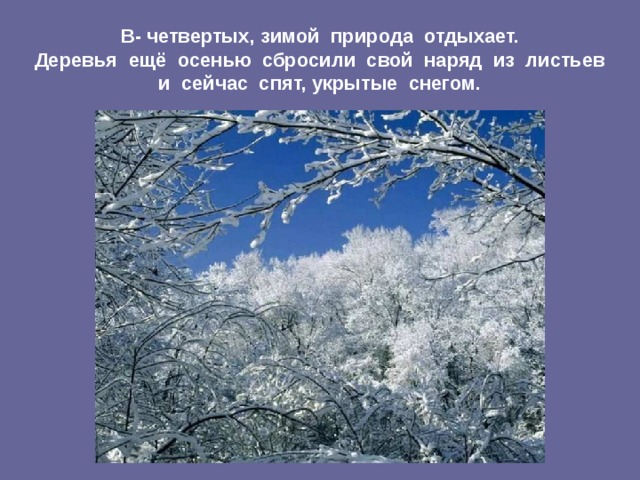 В- четвертых, зимой природа отдыхает.  Деревья ещё осенью сбросили свой наряд из листьев  и сейчас спят, укрытые снегом.