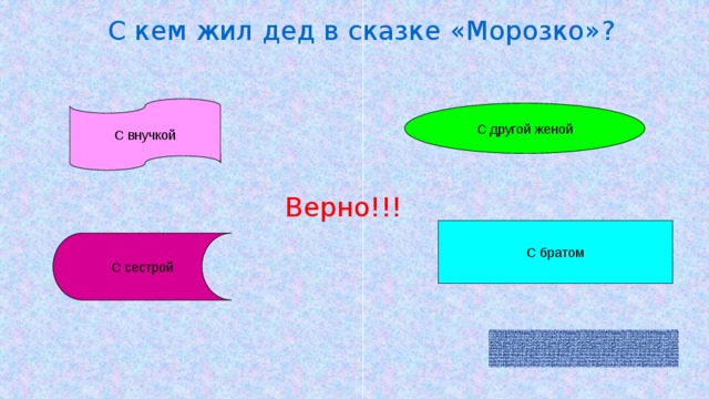 С кем жил дед в сказке «Морозко»? С внучкой С другой женой Верно!!! С братом С сестрой